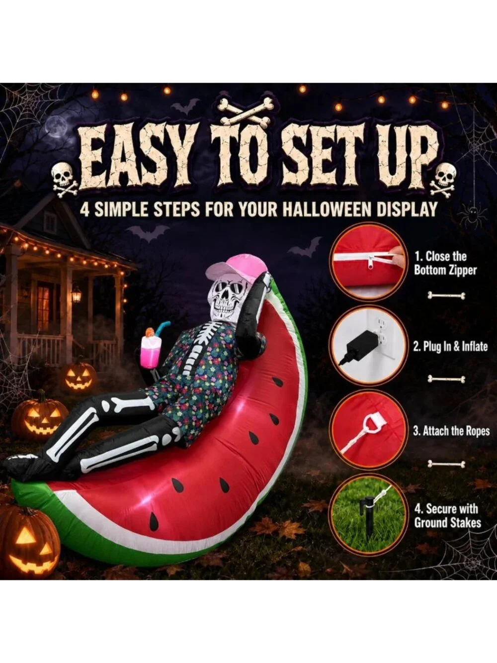 6.9FT Inflatable Skeleton on Watermelon, LED Halloween Yard Decor, Blow Up